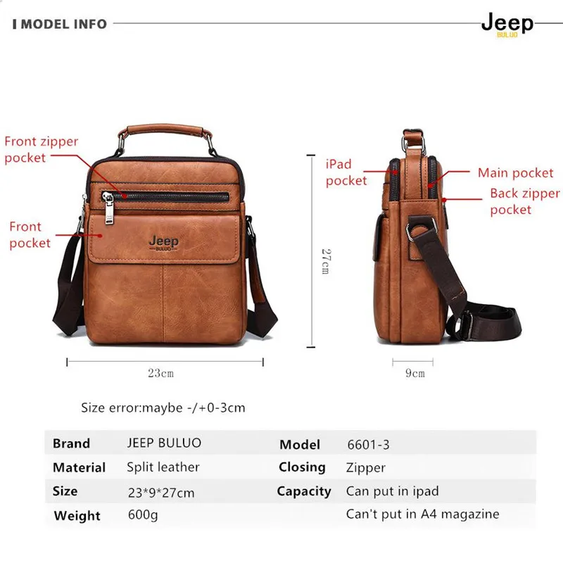 JEEP BULUO Brand Men\'s Crossbody Shoulder Bags High quality Tote Fashion Business Man Messenger Bag Big Size Split Leather Bags