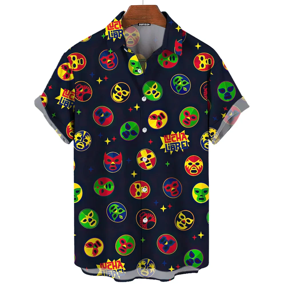 Men's Casual Short Sleeve Shirt College 3D Clothing Mexican Wrestling Retro Fashion High Quality Hawaiian Men's Short Sleeve Shi