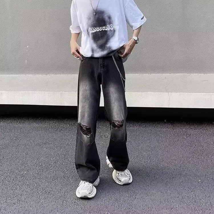 

Джинсы с рваными глазами в стиле ретро, мужские свободные прямые широкие брюки для пар, длинные джинсы со средней талией, повседневные джинсы