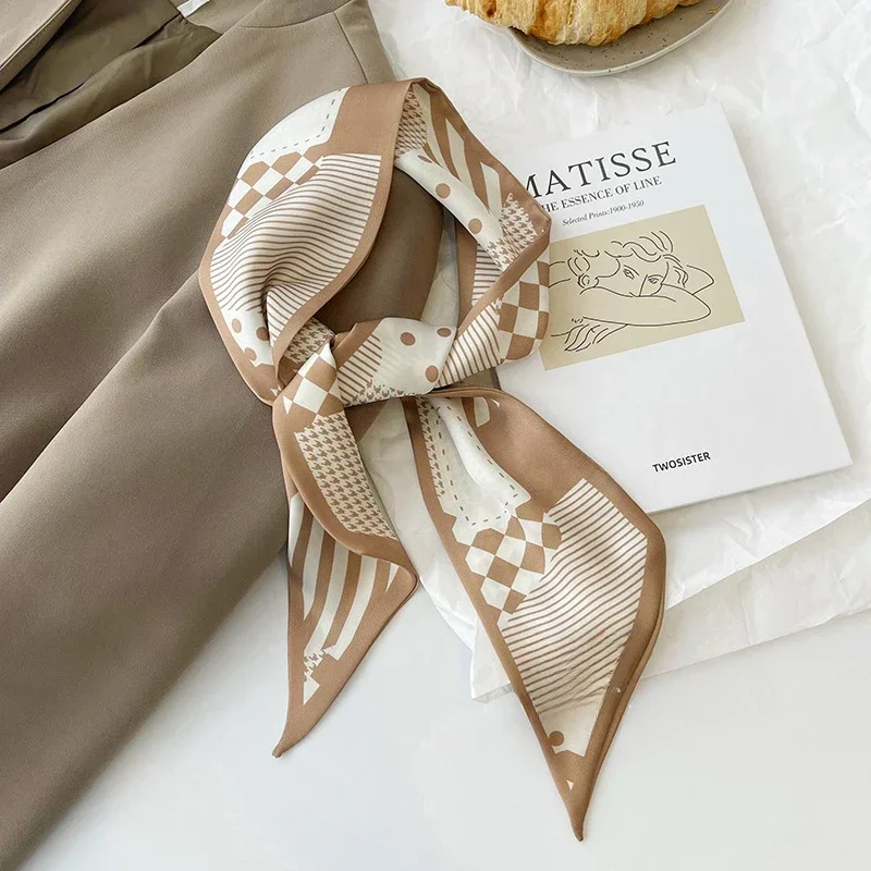 Simple temperament khaki color scarf female INS double -sided narrow ribbon spring and summer decorative scarf