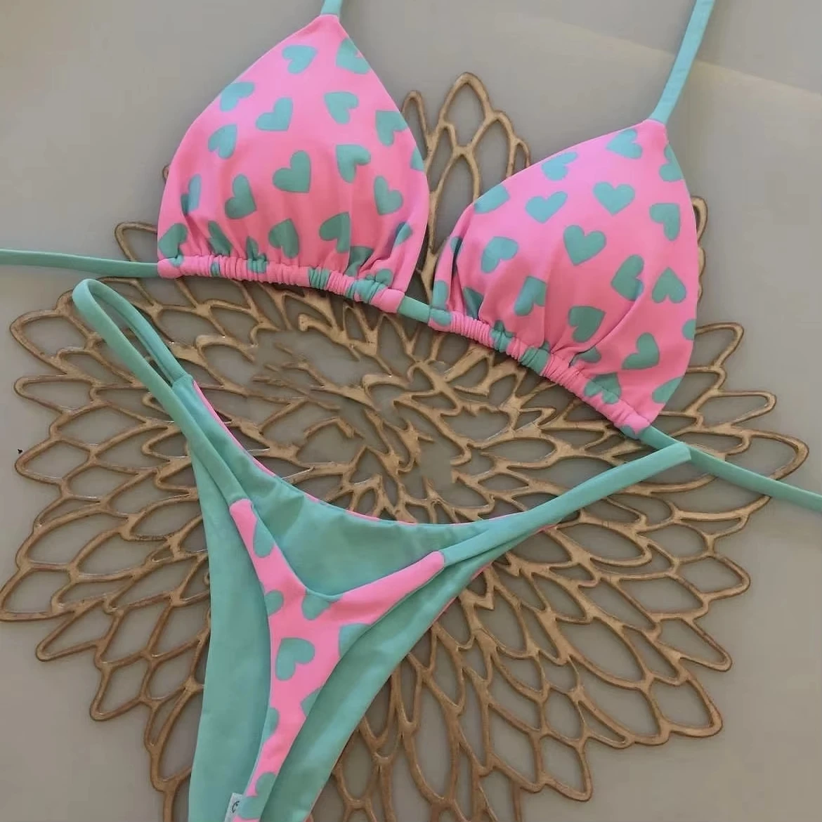 Sexy Bikini 2025 Pink Love Print Swimsuit Women G-string Bathing Suit Low Waist Bikinis Sets Brazilian Beach Swimwear Gift