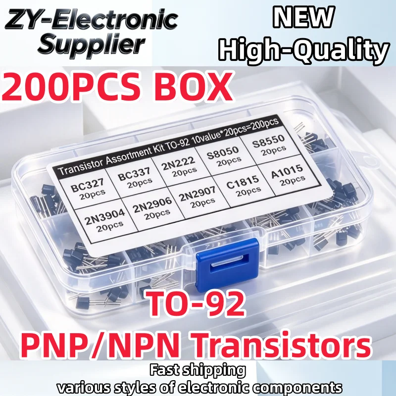 200Pcs Transistor Kit BC327 BC337 2N2222 2N2907 2N3904 2N3906 S8050 S8550 A1015 C1815 PNP/NPN 10 Values TO-92 Transistors Set