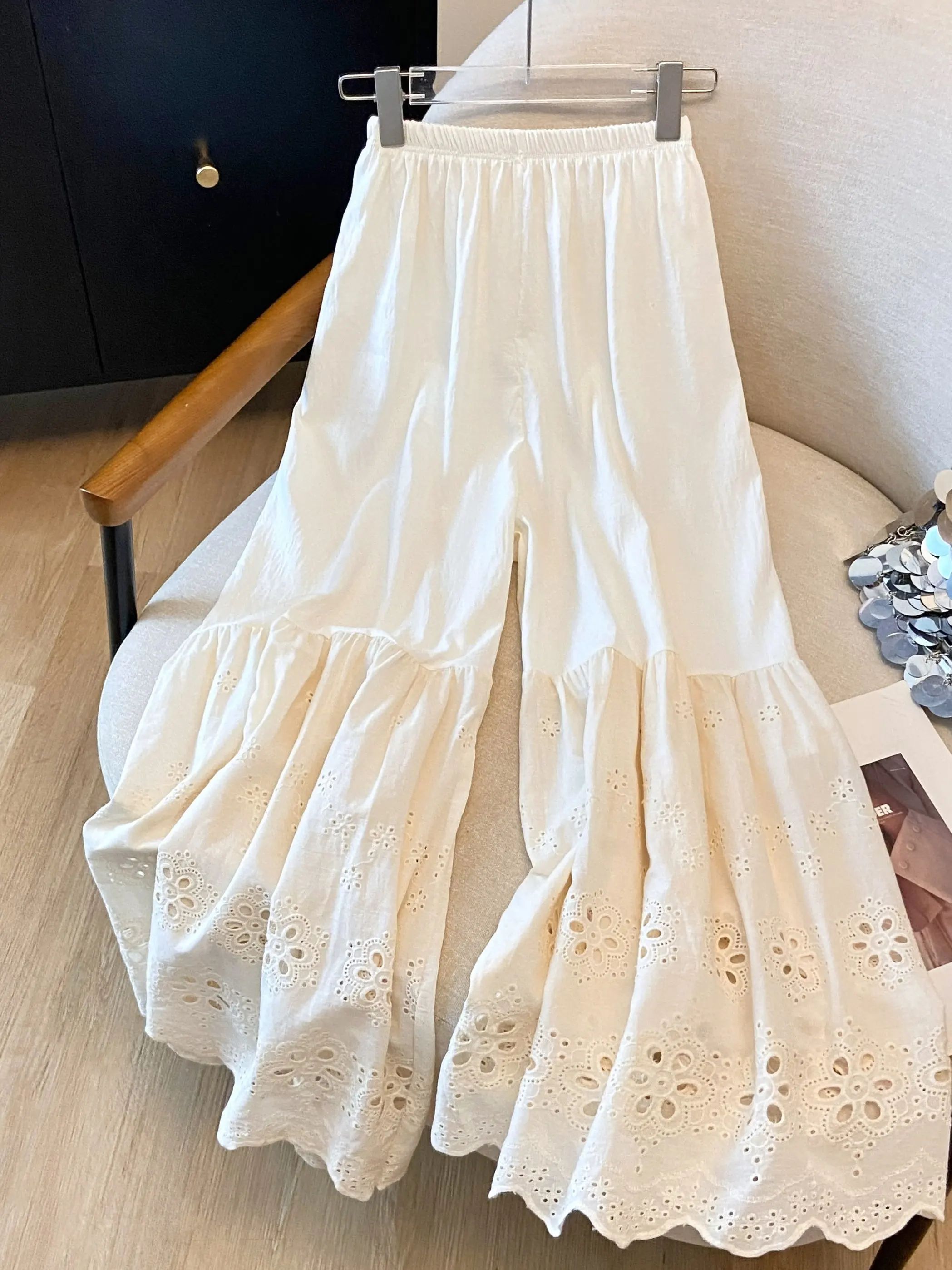 Japanese Style Lace Hookwork Hollow Embroidery Wide Leg Pants Skirt Thin  Base Nine Points Pants Underwear Women