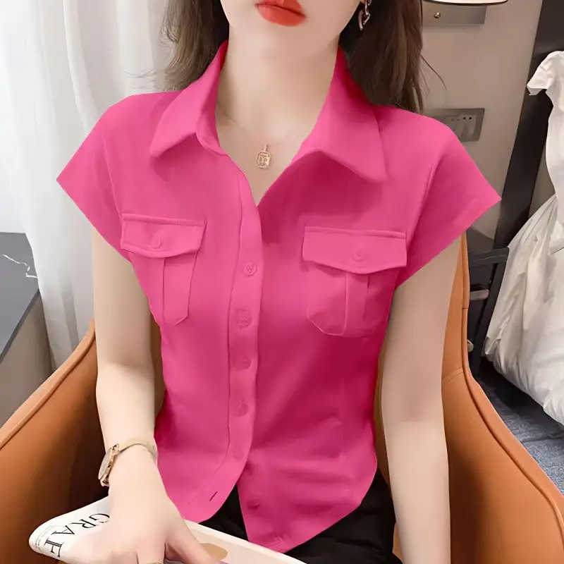 Summer Trend All-match Buttons Solid Color Turn-down Collar Short Sleeve Blouse Ladies Fashion Slim Women\'s Shirt Korean Cotton