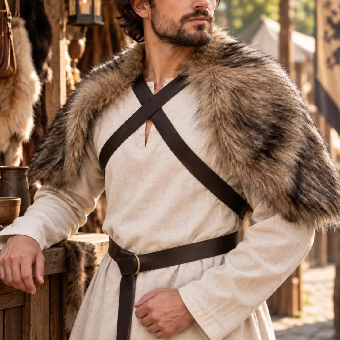 Halloween Medieval Faux Fur Shoulder Cape, Viking Warrior Shawl, Ren Faire Cosplay Fur Collar Cloak, Adjustable Chest Strap Cost