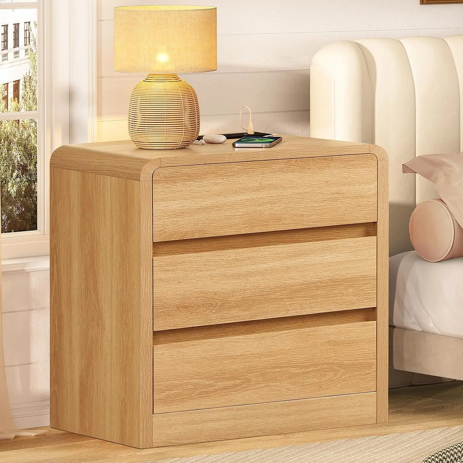 Nightstands Set Of 2, Night Stand With 3 Storage Drawer And Charging Station, Modern End Tables Wide Night Stands, Customized