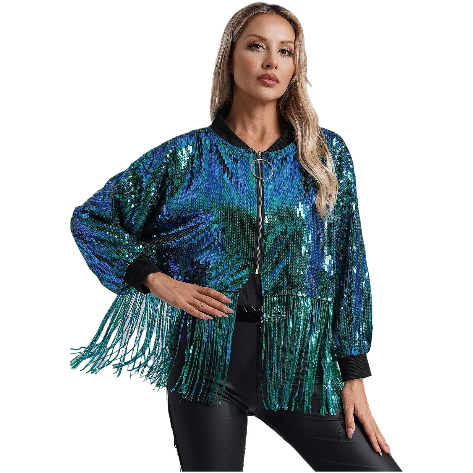 Womens Shiny Sequin Fringe Crop Outerwear Long Sleeve Front Zip Jacket Coat Stage Jazz Dance Disco Party Music Festival Clubwear