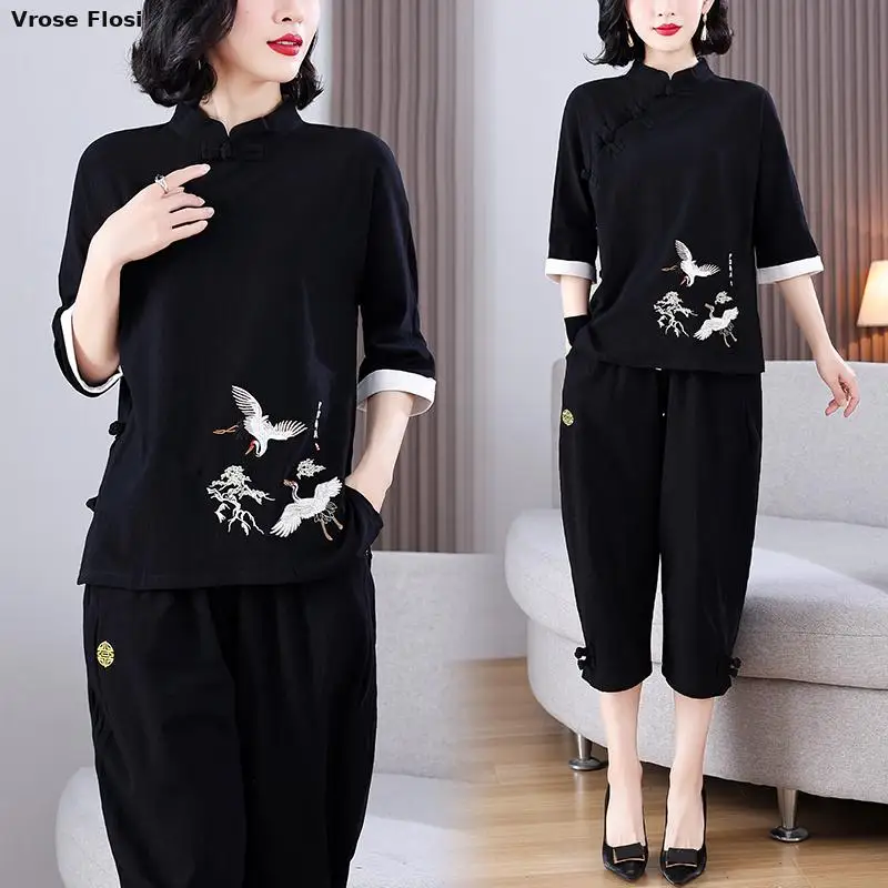 China Traditional Casual Loose Women Hanfu Black Tops Harajuku Vintage Chinese Style Crane Embroidery Cotton Linen Tang Suit New