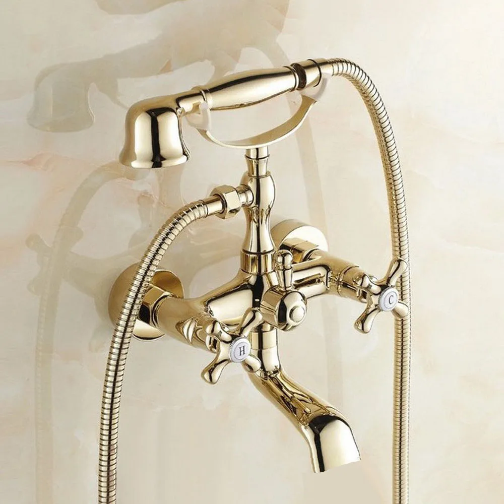 Polished Gold Bathroom Bathtub Mixer Faucet Telephone Style With Brass Handshower Bath & Shower Faucets Ntf131