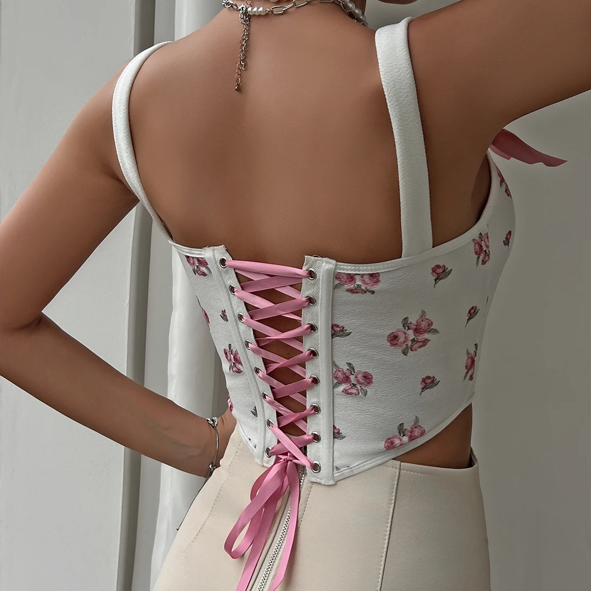 Vemina Street Sexy Strap Halter Hottie Fishbone Print Floral European Style Vest Bow Decoration Backless Pink Bandage Corset