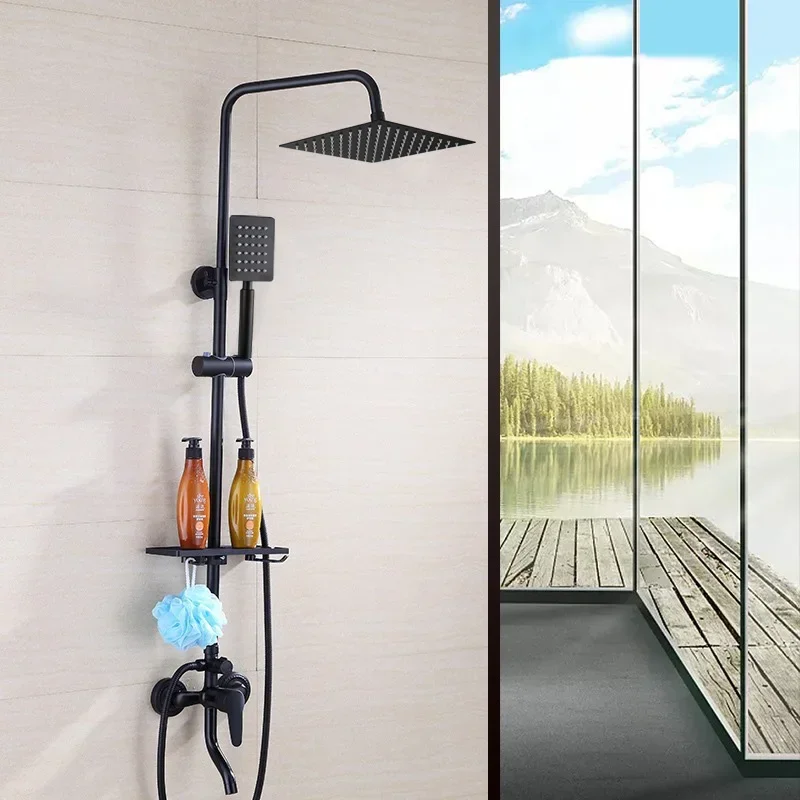 Black Bathroom Shower Home Set Copper  Faucet Wall Mounted Bath   Head