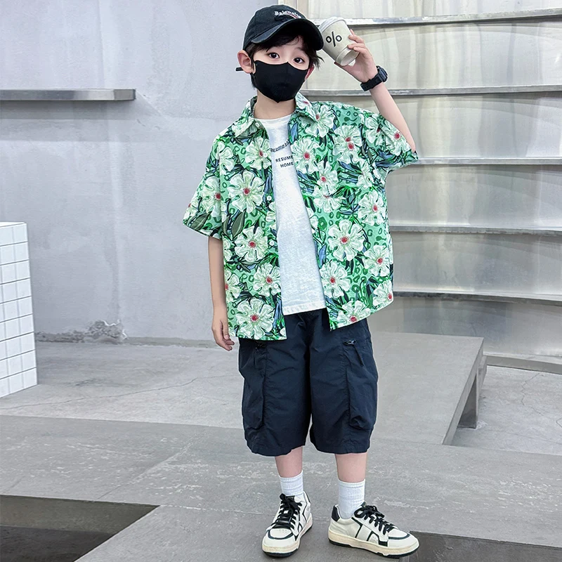Summer Big Boys Loose Style Green Color Floral Shirt for Kids Child High Fashion Streetwear Outfit Tweens Short Sleeve Blouse