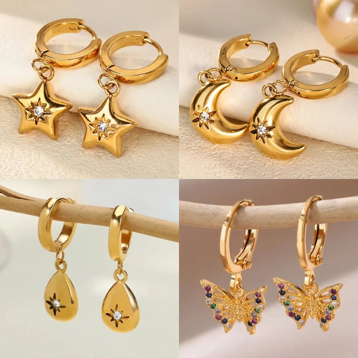 3D Star and Moon Stainless Steel Earring for Women Mama 18K Gold-plated Anti Rust Hoop Earring Wedding Jewelry Accessorie Gifts