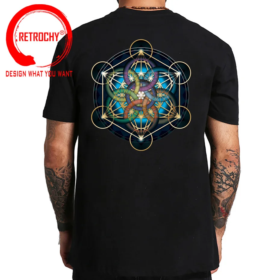 Galaxy Metatrons Cube Flower Of Life Tops T Shirt Men\'s Cotton Crazy T-Shirt Sacred Geometry Magic Mandala Tee Fitness tshirt