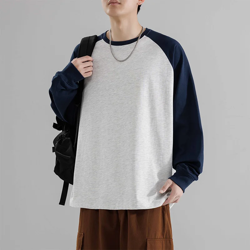 Autumn Men's Long-Sleeved Cotton Tops Raglan Sleeve Contrast Color T‑Shirt Man Loose Casual Basic Pullover Tee Streetwear Shirts