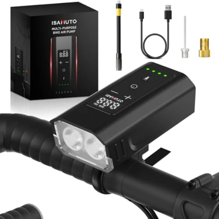 

Mini Bike Pump with Gauge, 150PSI Electric Bike Air Pump 30s Fast Inflate Portable Bike Pump with Presta Valve, Bicycle Light 2