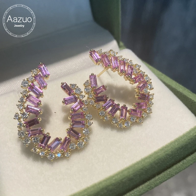 Aazuo Natural Sapphires Jewelry 18K Yellow Gold Real Diamond OL Style Big U Shpae Stud Earring Gifted For Women Engagement Party