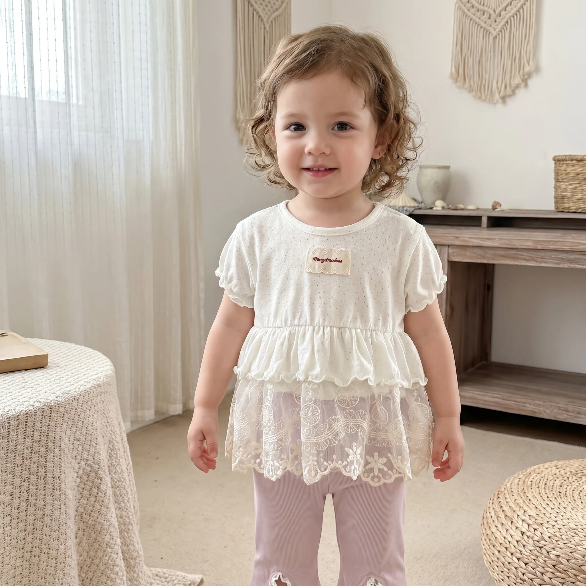 6-24M Summer Toddler Girls Outfit Polka Dot Ruffle Top+Lace Trim Flared 9 Pants 2Pcs Clothes Casual Cotton Infant Set
