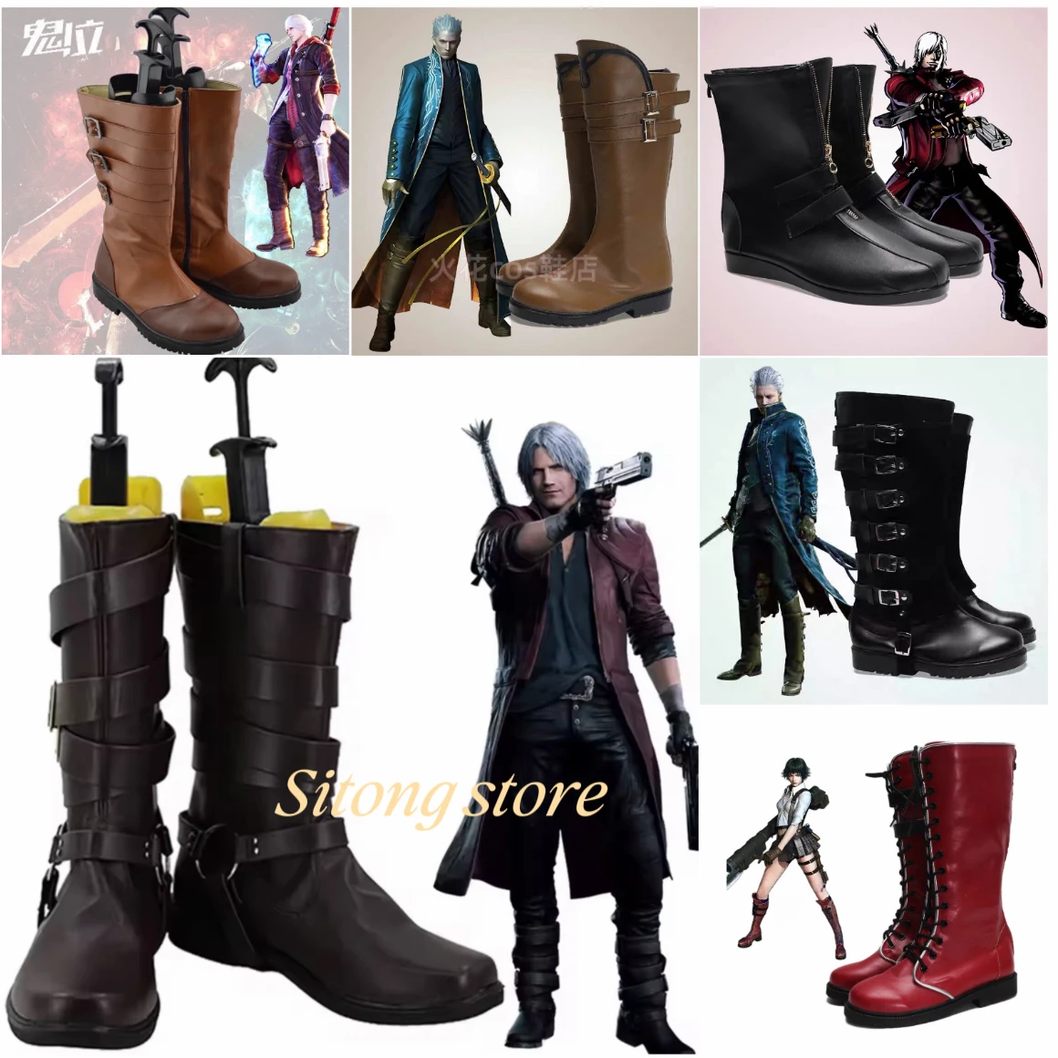 レディネロヴァージルダンテコスプレ靴ゲームコスプレ男性女性黒茶色赤ブーツヴァージルダンテコスプレ靴カスタマイズ