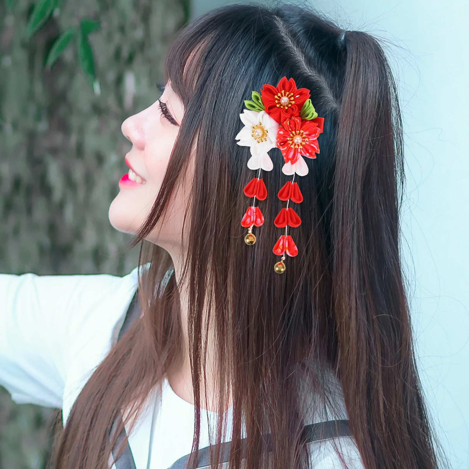 

Red Japanese Style Flower Tassel Hair Clip for Women Tassel Party Photo Wedding Hairpin Festival Costume Headwear