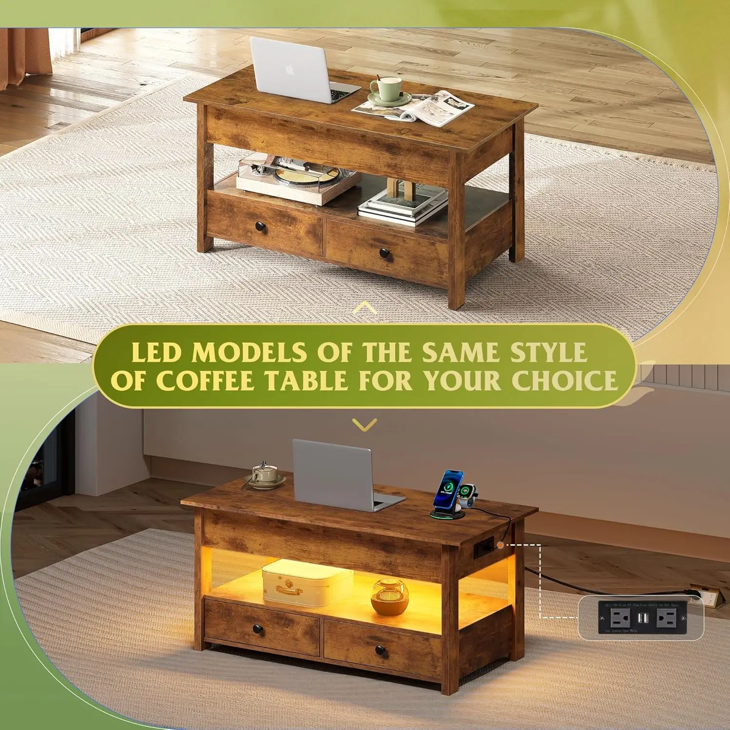 طاولة قهوة، طاولة قهوة قابلة للرفع مع درجين، مساحة تخزين كبيرة ورف مفتوح، طاولة رفع لغرفة المعيشة