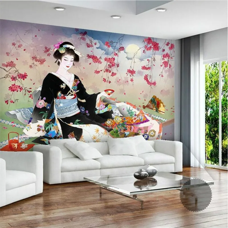 Japanese Ukiyo-e Geisha Cherry Blossom Wall Paper 3D Sushi Restaurant Mural Izakaya Snack Bar Living Room Decor Wallpaper 3D