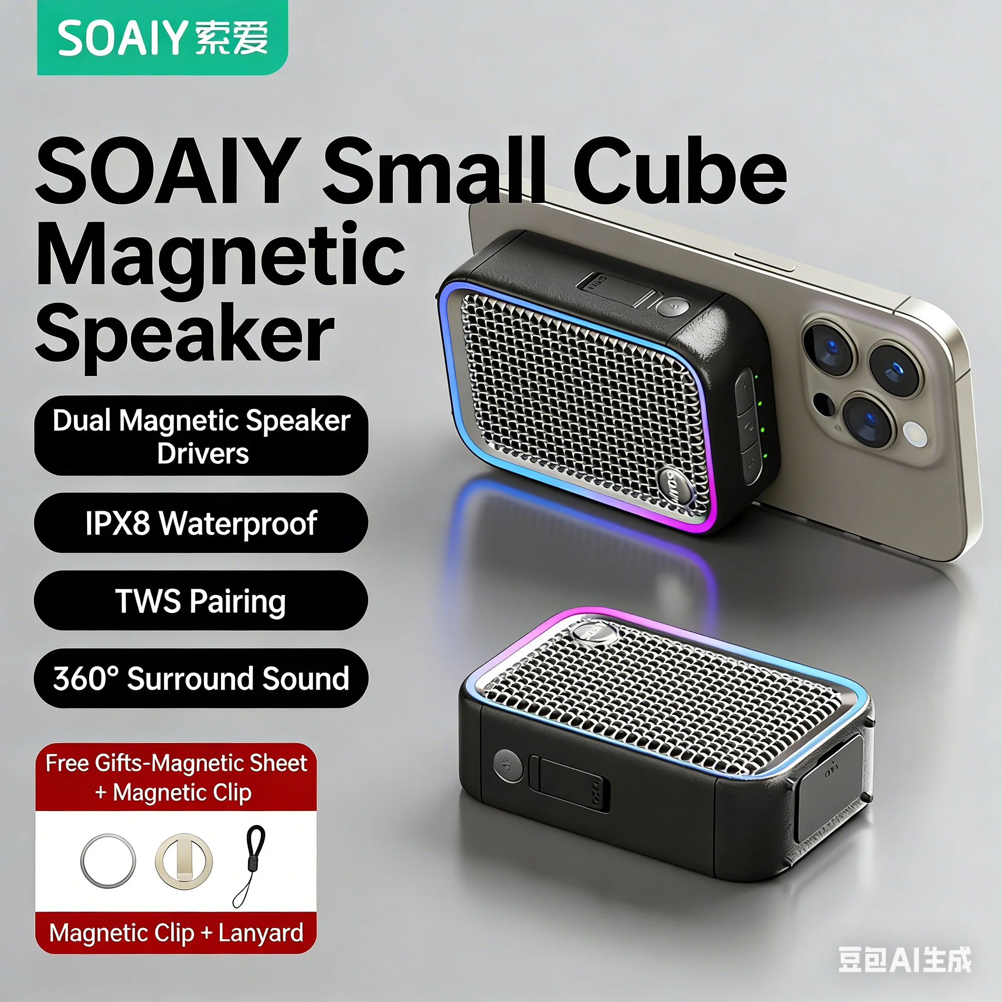 

Мини-магнитный Bluetooth-динамик V5.4-водонепроницаемый IPX8, объемный звук 3D, окружающий свет RGB, скрытая подставка для телефона/на открытом воздухе