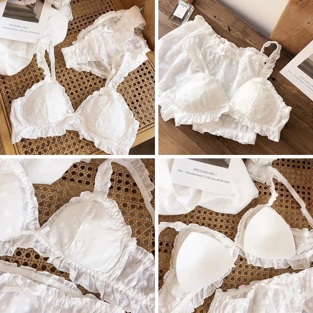 

Daisy Embroidery Cotton Bralette & Panty Set, Wire-Free Triangle Cup Lingerie in White