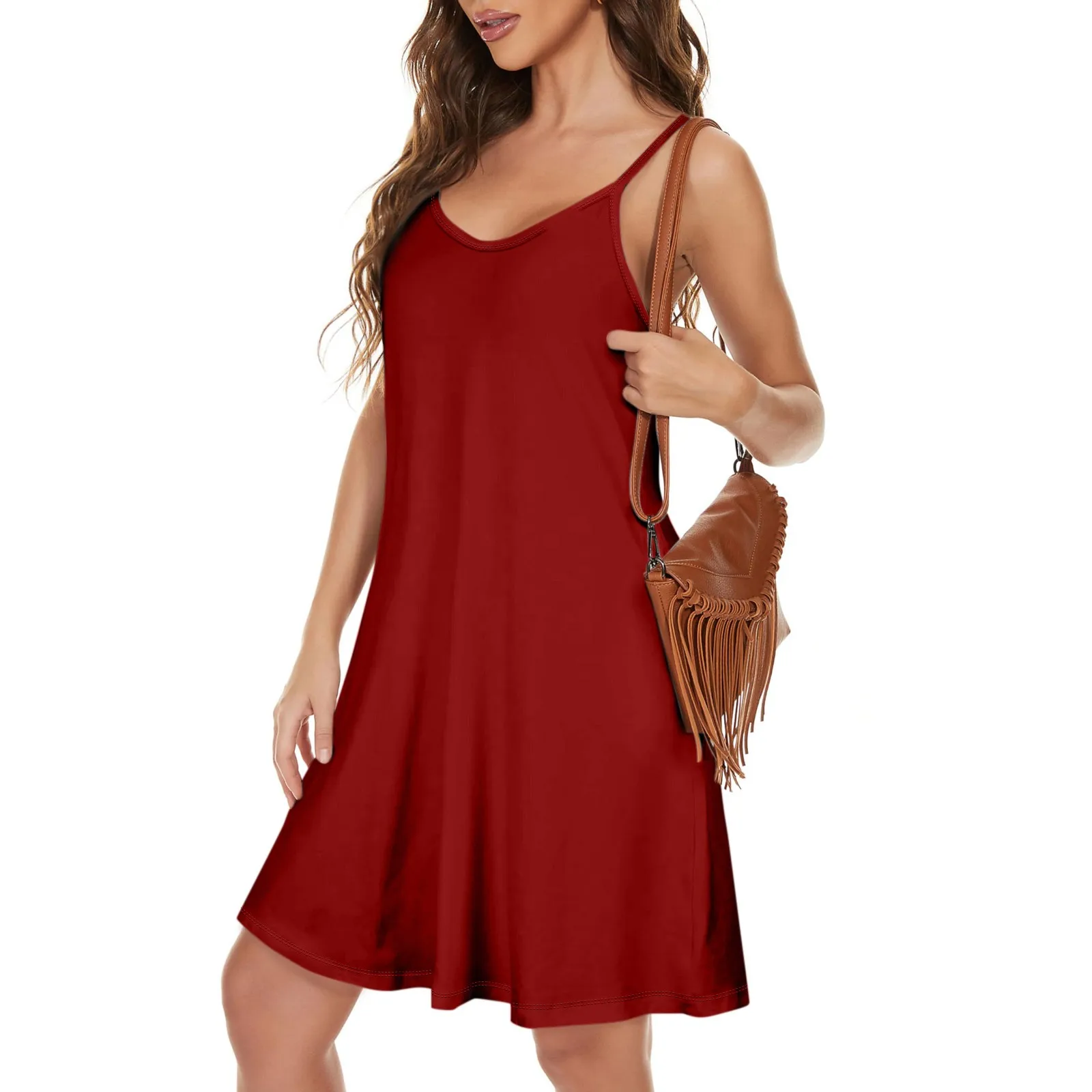 Mini vestido linha A feminino com bolsos, vestidos regatas sem mangas, alças de espaguete ajustáveis, moda casual, verão, 2024