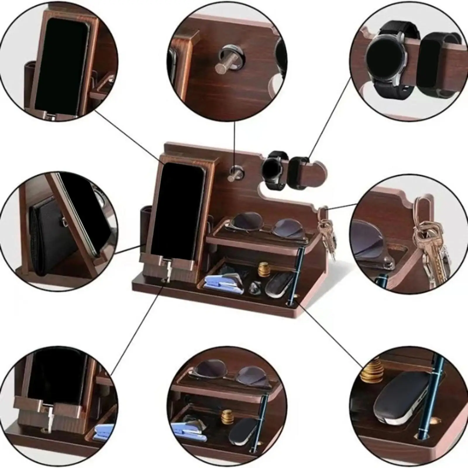 Natural Wood Phone Docking Station Tabletop Watch Stand Desktop Organizer for Glasses Keys and Phone