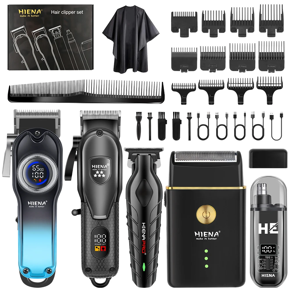 HIENA 5-in-1 Barber Clipper Kit USB LCD Trimmer Shaver Nose Trimmer Men Salon Haircut Kit