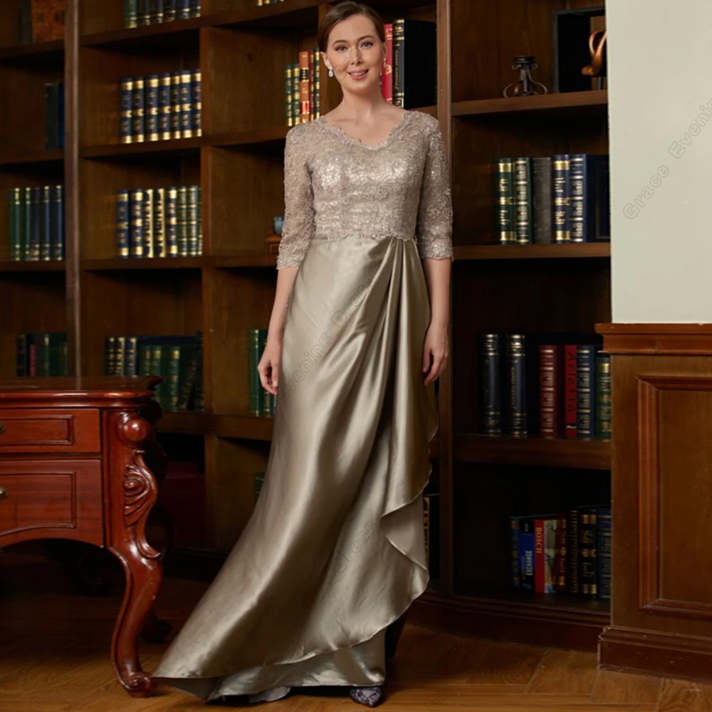 

Champagne Three Quarter Mother of Bride Dresses for Women 2024 Summer New Satin Wedding Party Dresses with Lace Robe De Soirée