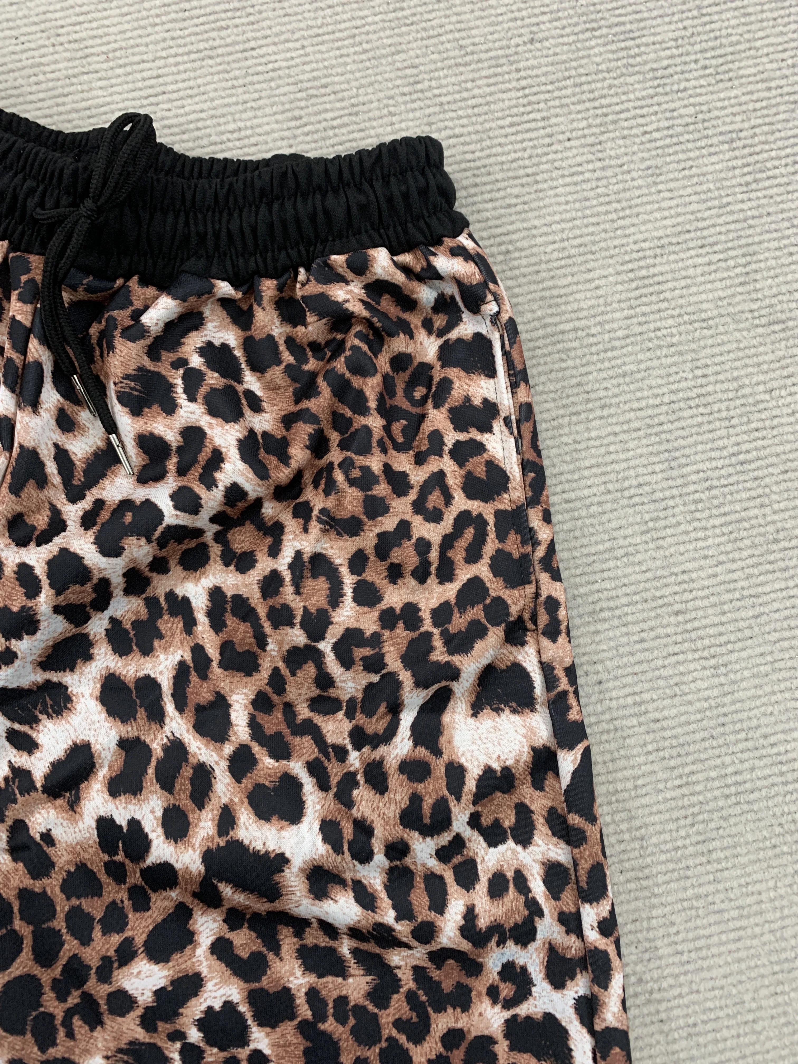 Leopard Print Elastic Zipper Pocket Casual Shorts Cropped Sweatpants European American High Street Kpop Y2K Trendy Pants