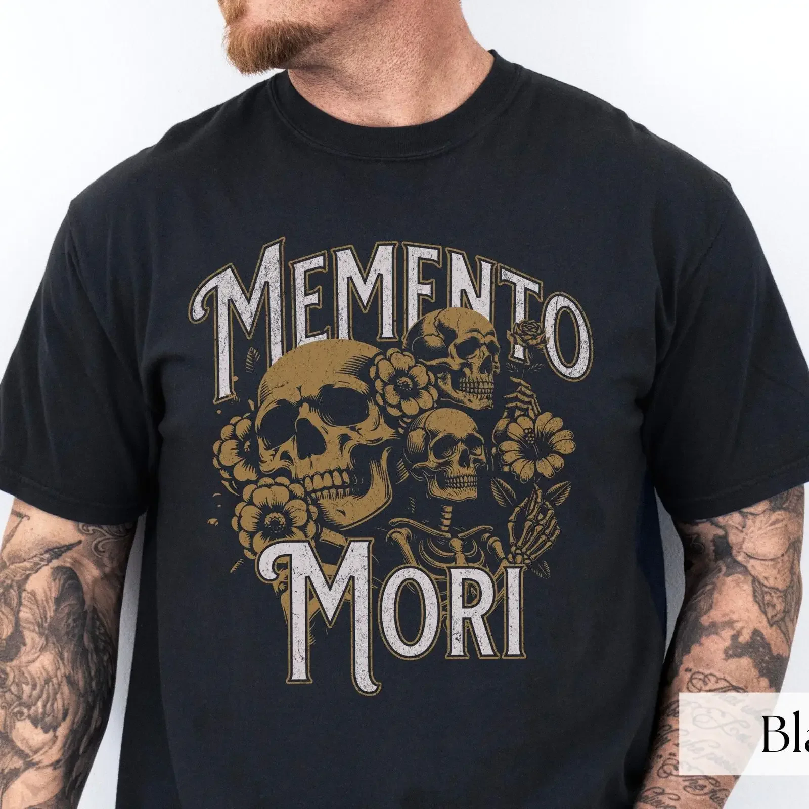 Men's Memento Mori Floral Skull T Shirt Skeleton Family Halloween Spooky Vibes Whimsigoth Philosophy Death  vintage Washed Soft