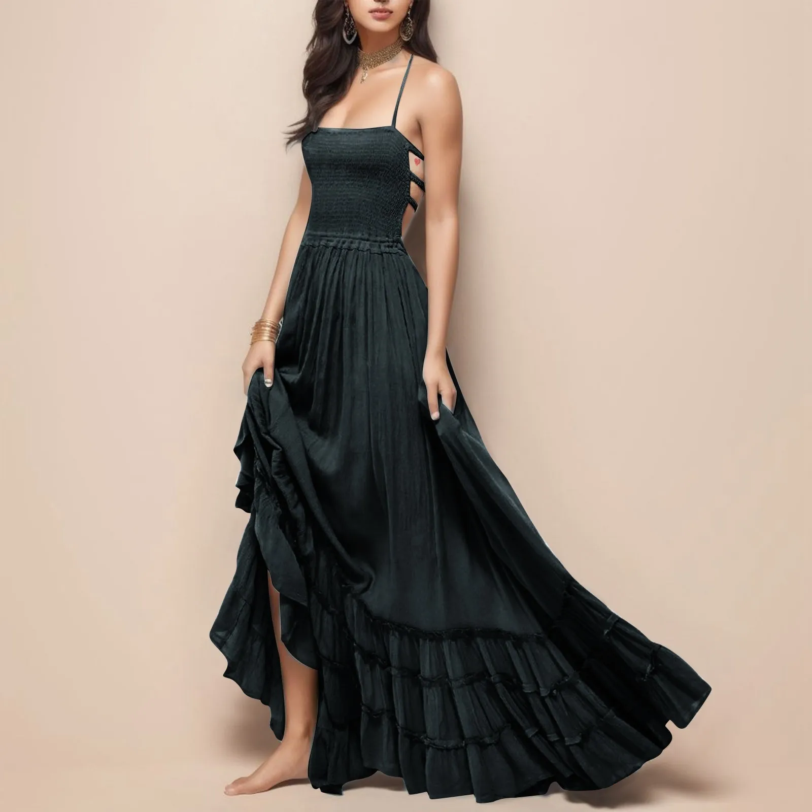 Sleeveless Sexy Halter Dress Women’s Bandage Backless Slim Fit Long Maxi Dresses Slash Neck Pleated Party Nightclub Dress