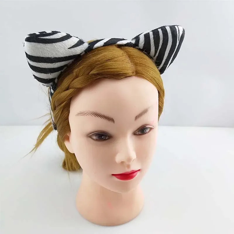 Adult Kids Party Women Men Animal Ear Headband Tail Tie Birthday Hair Band Plush Zebra Tiger Headwear Halloween Costume Cosplay