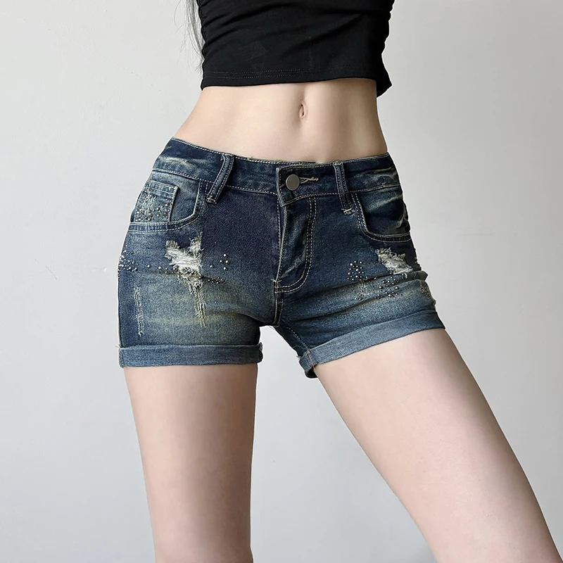 Pantaloncini a gamba larga dritti estivi da donna 2025 Pantaloni corti in denim con foro vintage stile americano Y2k Pantaloncini sexy a vita bassa