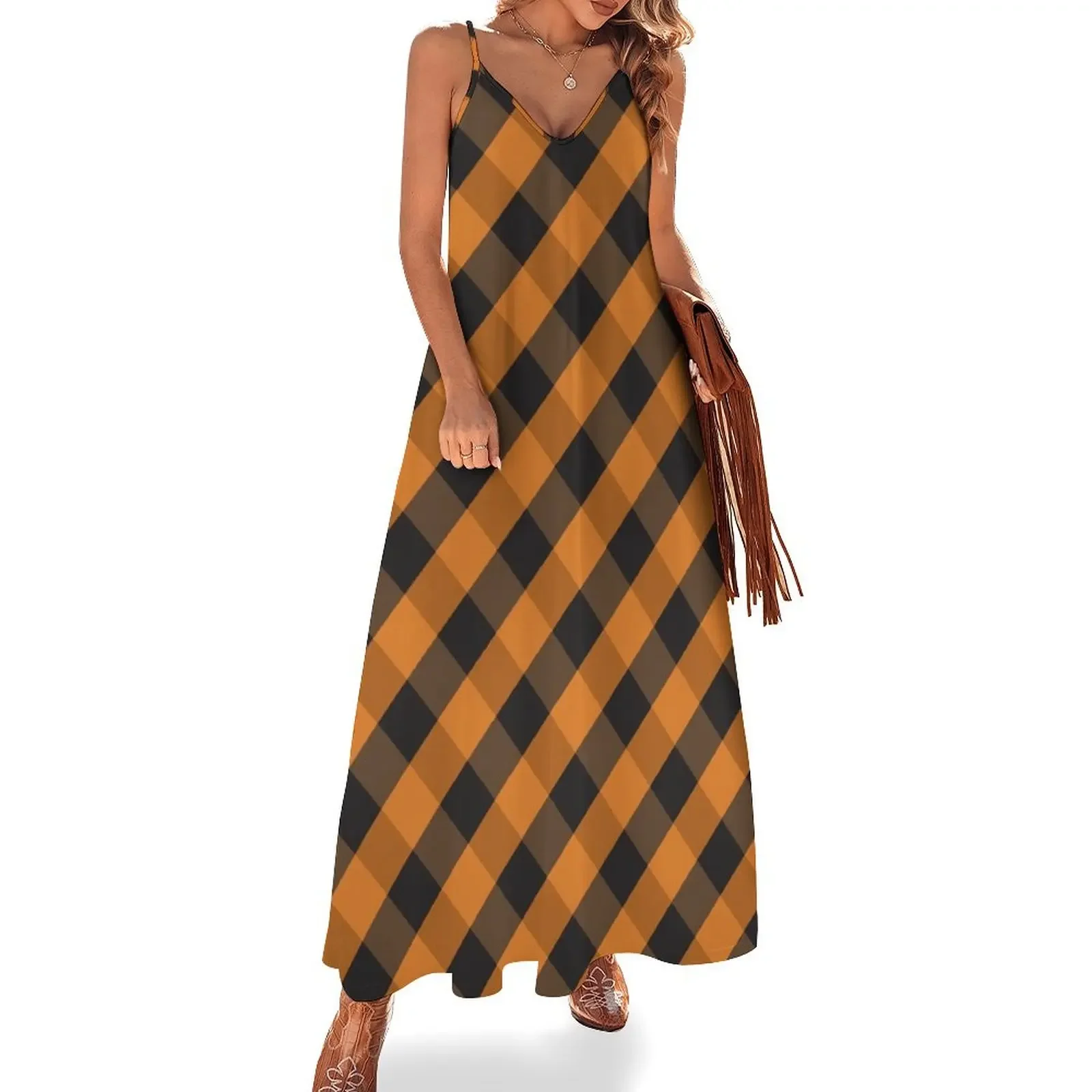 

Halloween Orange and Black Check Gingham Plaid Sleeveless Dress elegant dresses plus sizes women's evening dress 2025