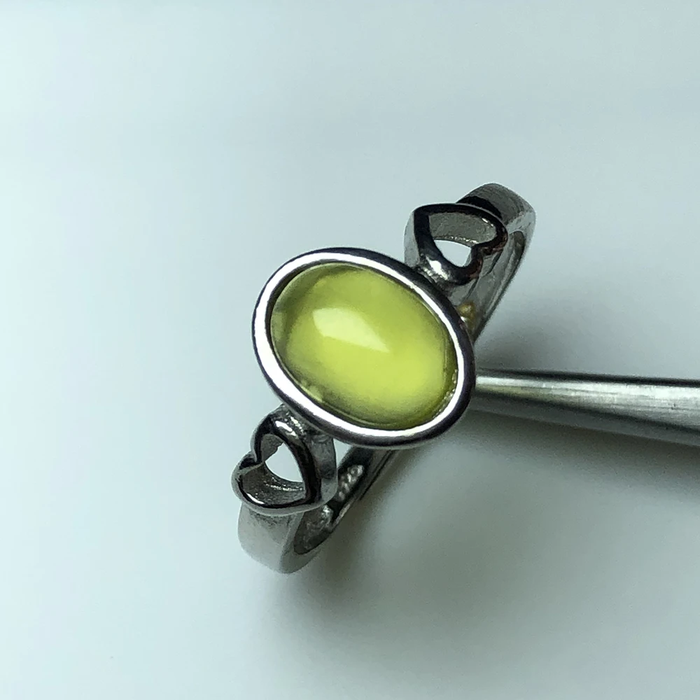 

Natural 6X8mm yellow prehnite rings foe women,Oval gemstone and heart shape 925 sterling silver with simple and fashion style