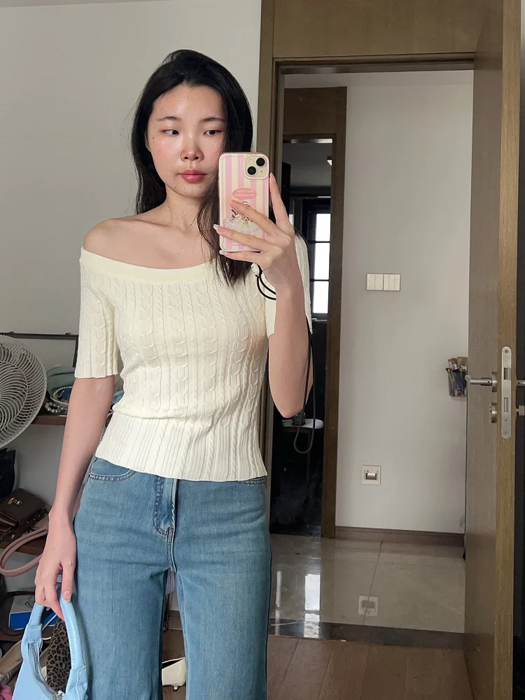 

Вязаный топ Rachel для женщин, летний повседневный модный топ с открытыми плечами, из крученой пряжи, с круглым вырезом, стандартной длины.