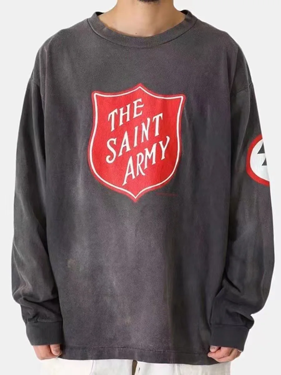 Retro American Trend Washed Red Road Sign Vintage Hole Loose Long Sleeve Men's T-shirt Breathable Cotton Casual Style round Neck