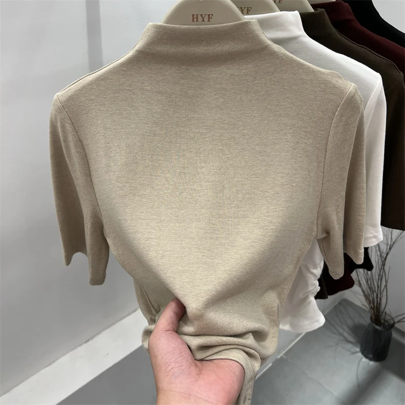 Women's Mid-Sleeve T-Shirt Pure Color Halves High Collar Five-Point Base Shirt Design Sense Pleated Waist-Cinching Top