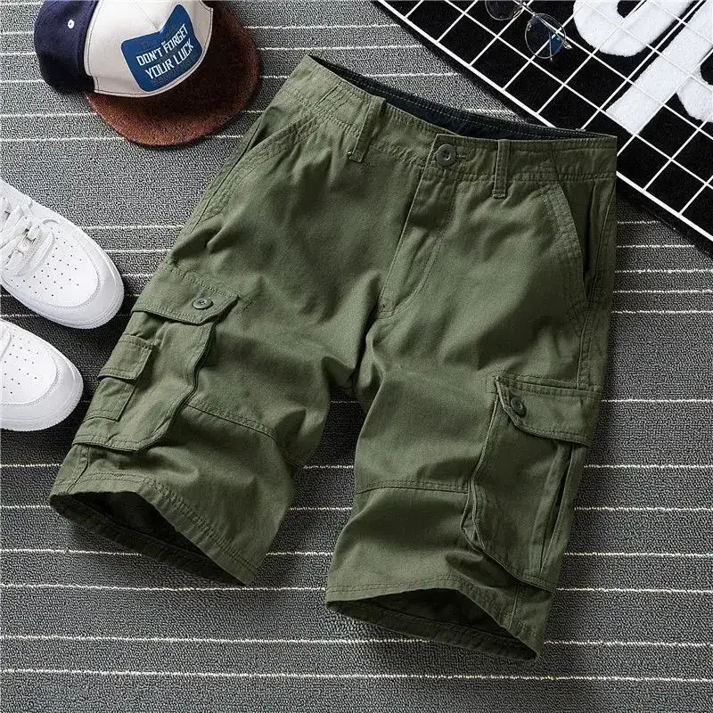 Pantalones cortos Cargo con bolsillos para hombre, pantalón corto verde con cremallera, ropa Harajuku, diseño holgado, grande y alto