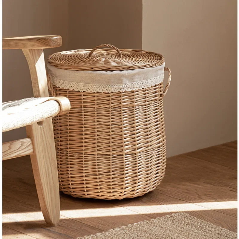 Japanese Laundry Basket with Cover, Natural Willow Toy Basket, Dust Proof Storage Basket, Bathroom Clothes Organizer Box