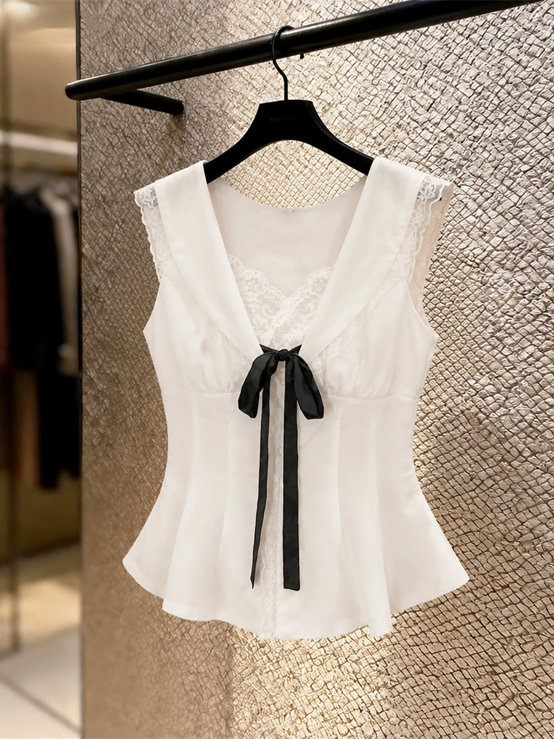 

Sweet Style Lace Splice Knot Sleeveless Waist-Cinching Vest Women's Base Shirt Summer Commute Korean Version Slim Fit