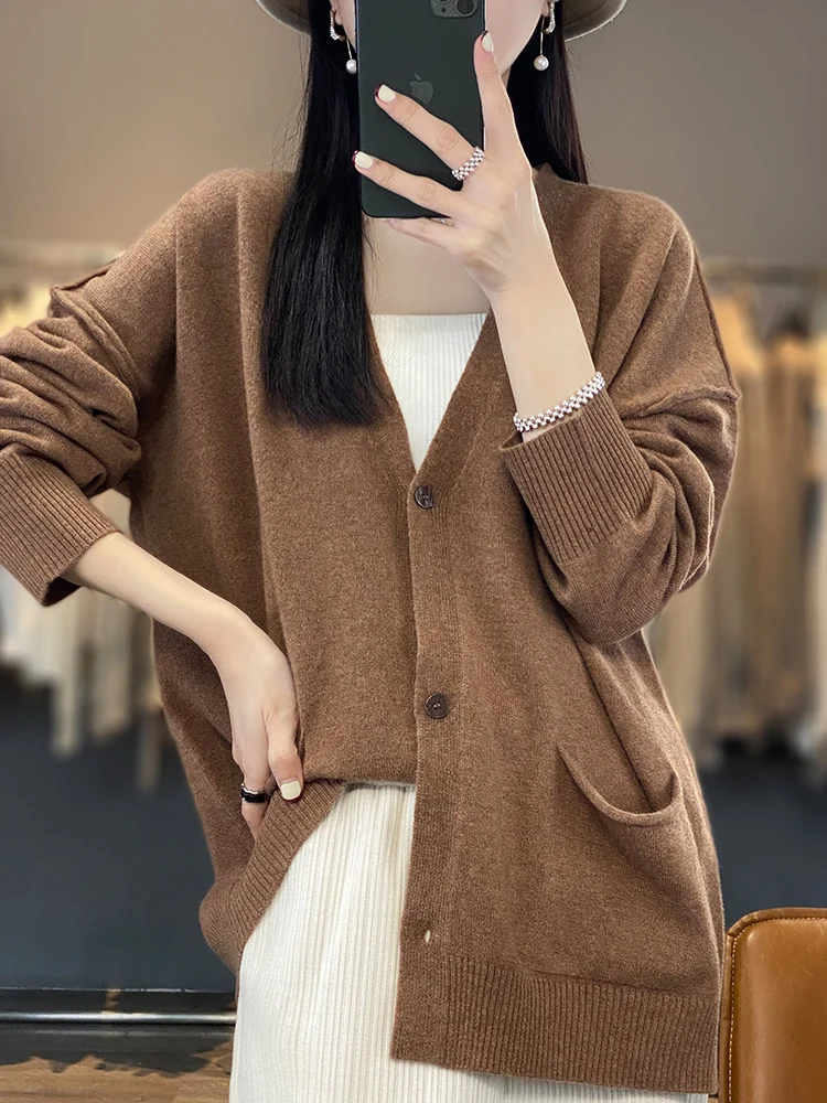 Large Size 100% Merino Wool Women's Cardigan V-Neck Sweater LongSleeve Knitted Outerwear Knit Top Fashion Trends Clothing Casual