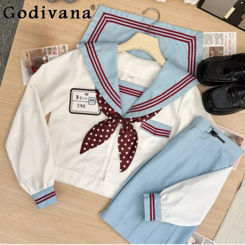 

Spring Autumn Japanese College JK Sweet Sailor Collar Long Sleeve Shirt Fashion Versatile Age-reducing Girl A-line Pleated Skirt