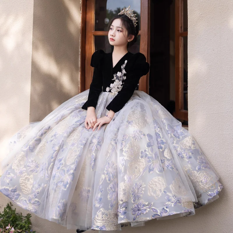 Girls' Evening Dress High-End Light Luxury Niche High-End Host Princess Dress Children's Piano Performance Autumn Spring Autumn