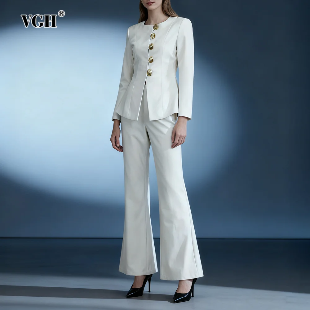 

VGH Повседневные однотонные комплекты из двух предметов в американском стиле для женщин, топ с круглым вырезом и длинными рукавами, брюки с высокой талией, элегантный комплект, женская мода