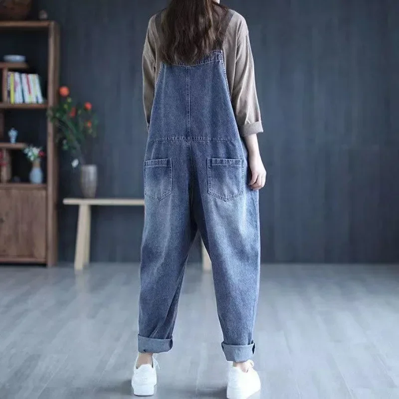 Jumpsuit Women Jeans Rompers New Retro Big Pocket Loose Denim Overalls Fashion Large Size Wide-leg Pants